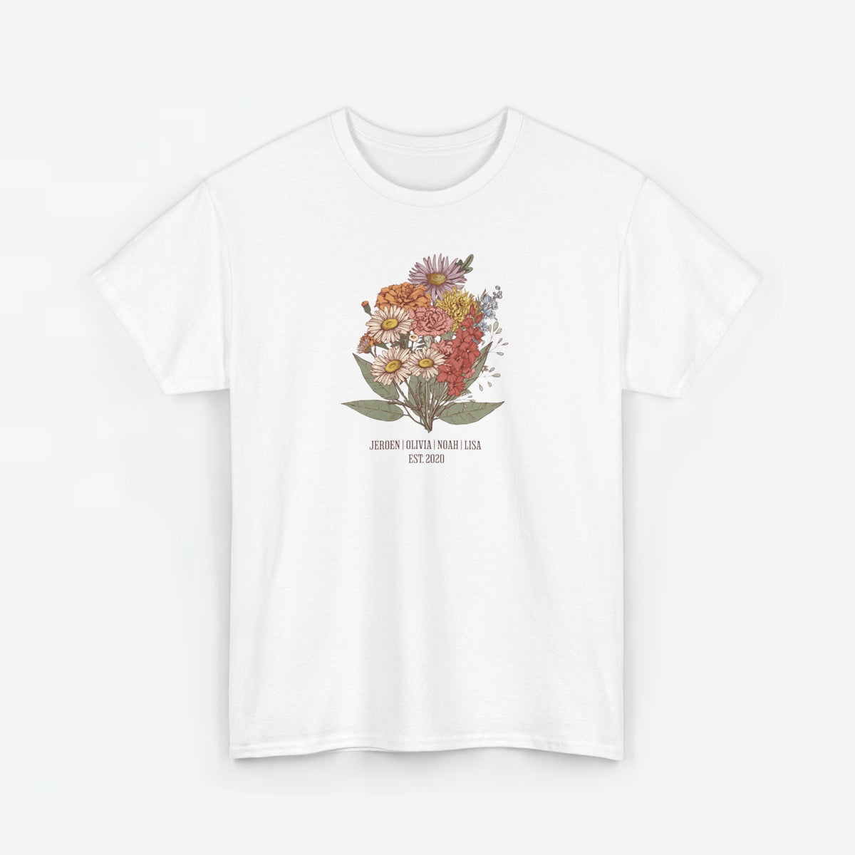 Wit t-shirt met bloemenboeket-print op de borst