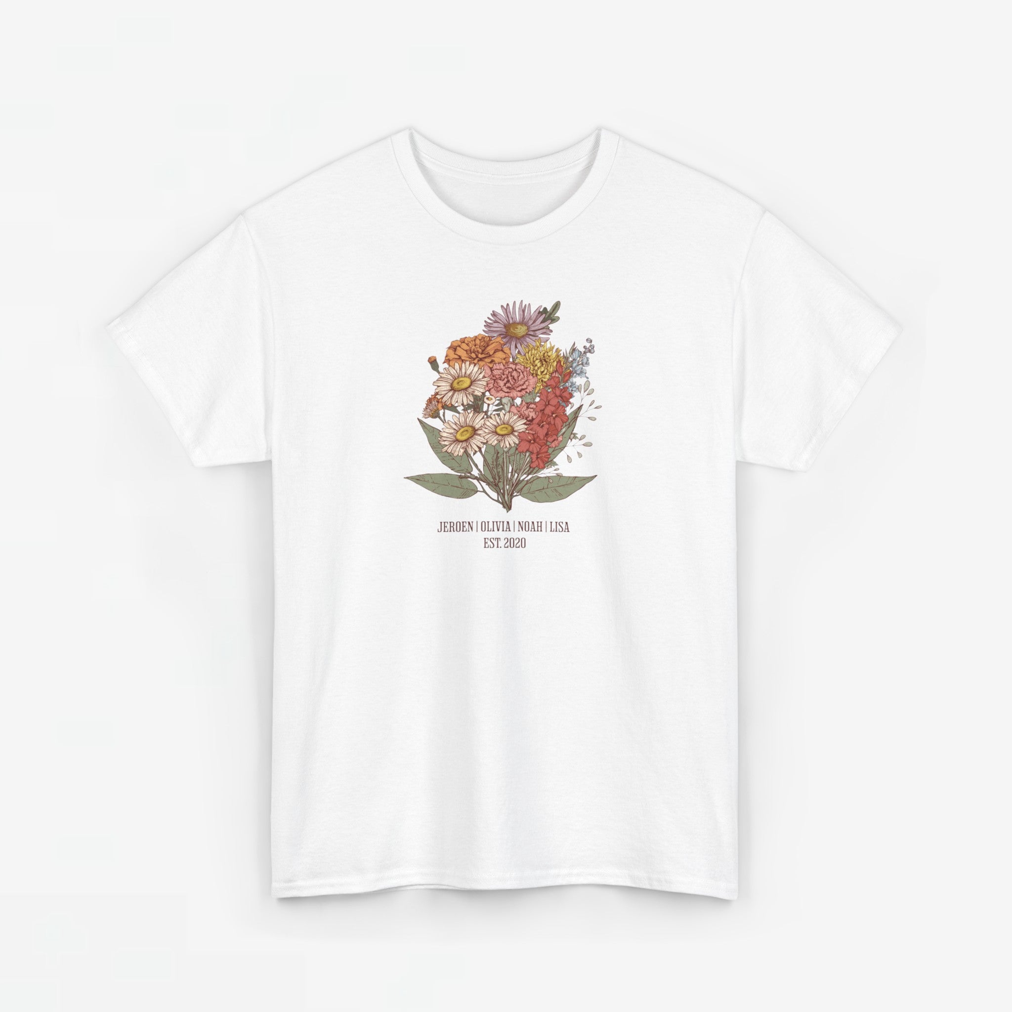 Gepersonaliseerde Moederdag Mama Cadeau - T-shirt - Familie Bloemen boeket met namen - EST [JAAR]