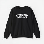 Sweatshirt met tekst HUBBY, zwart, lange mouwen en ronde hals.