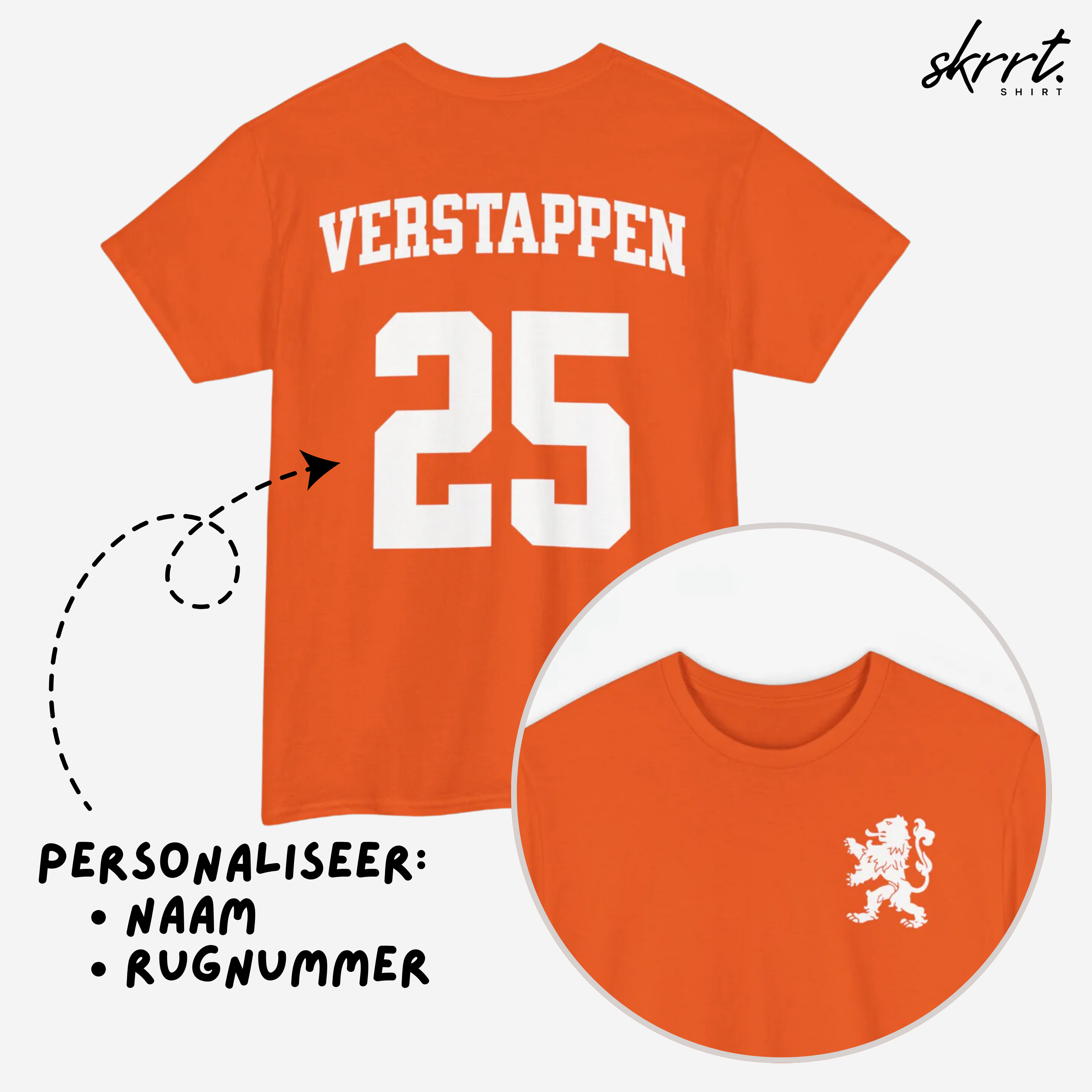Oranje T-shirt voor EK, WK en Koningsdag - Personaliseer met Naam & Rugnummer - LEEUW (witte tekst)