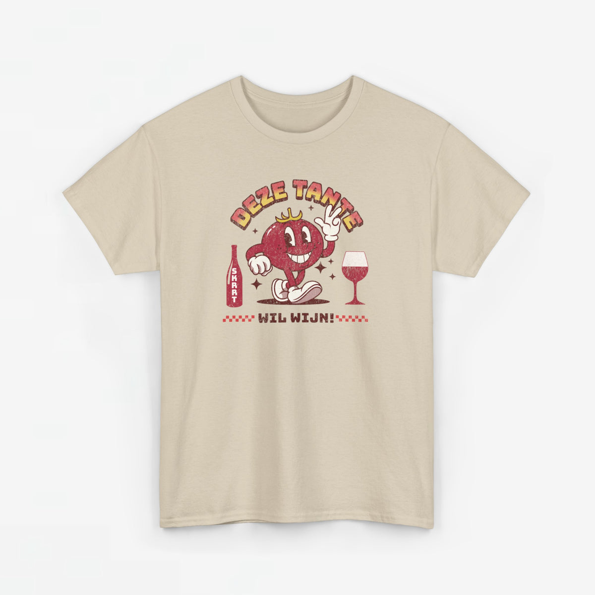 Zandkleurig T-shirt met rode cartoonprint en tekst eronder