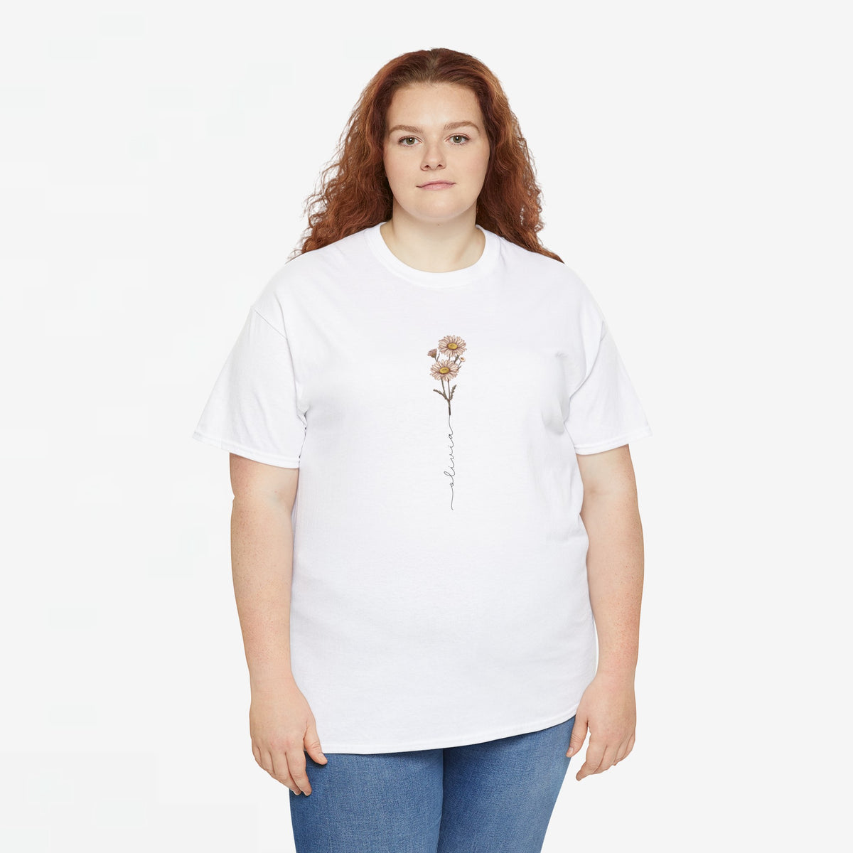 Wit T-shirt met ronde hals en geborduurde bloem met slingerende tekstlijn