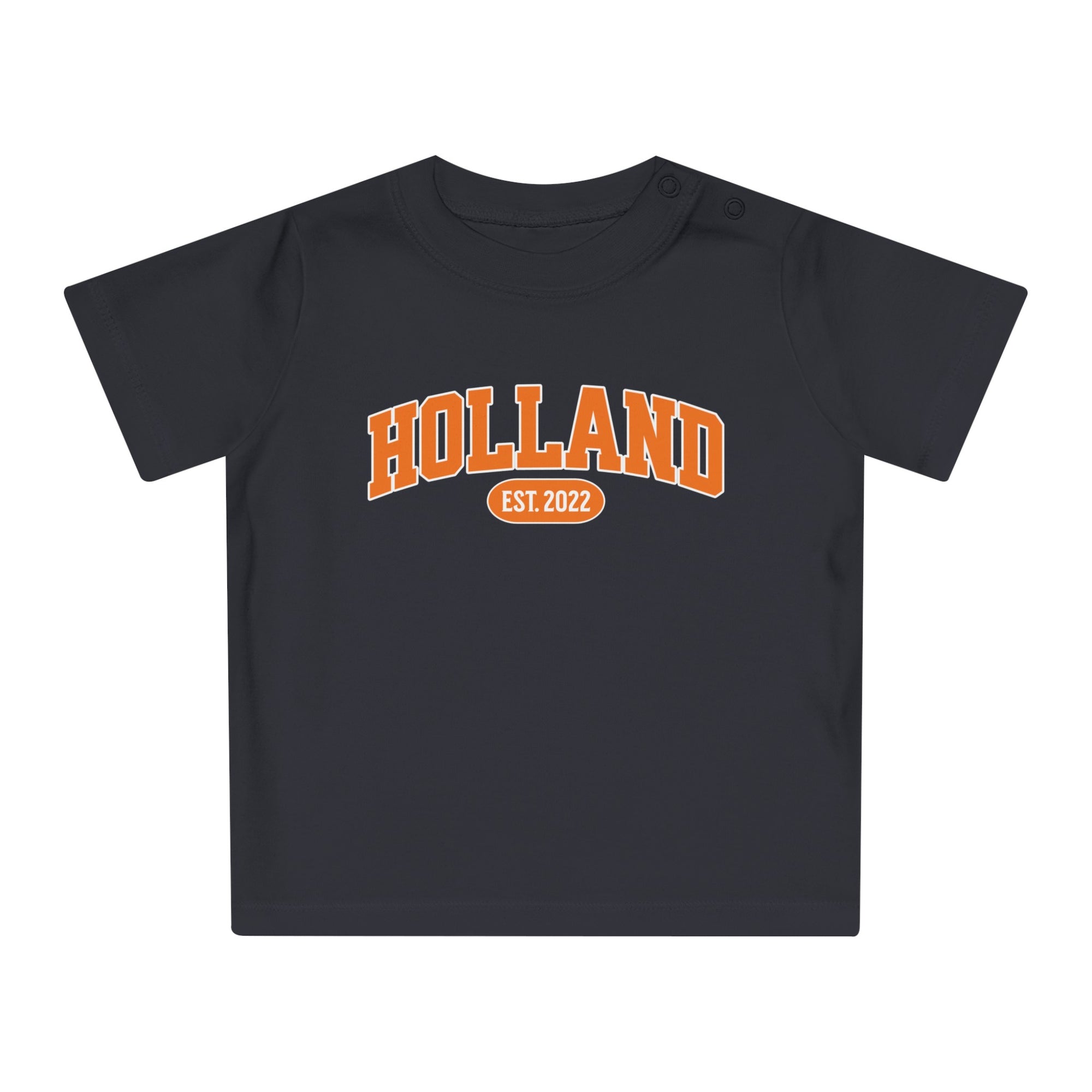 Baby T-shirt voor EK, WK en Koningsdag - Personaliseer met EST Jaar  - HOLLAND (Voorkant)