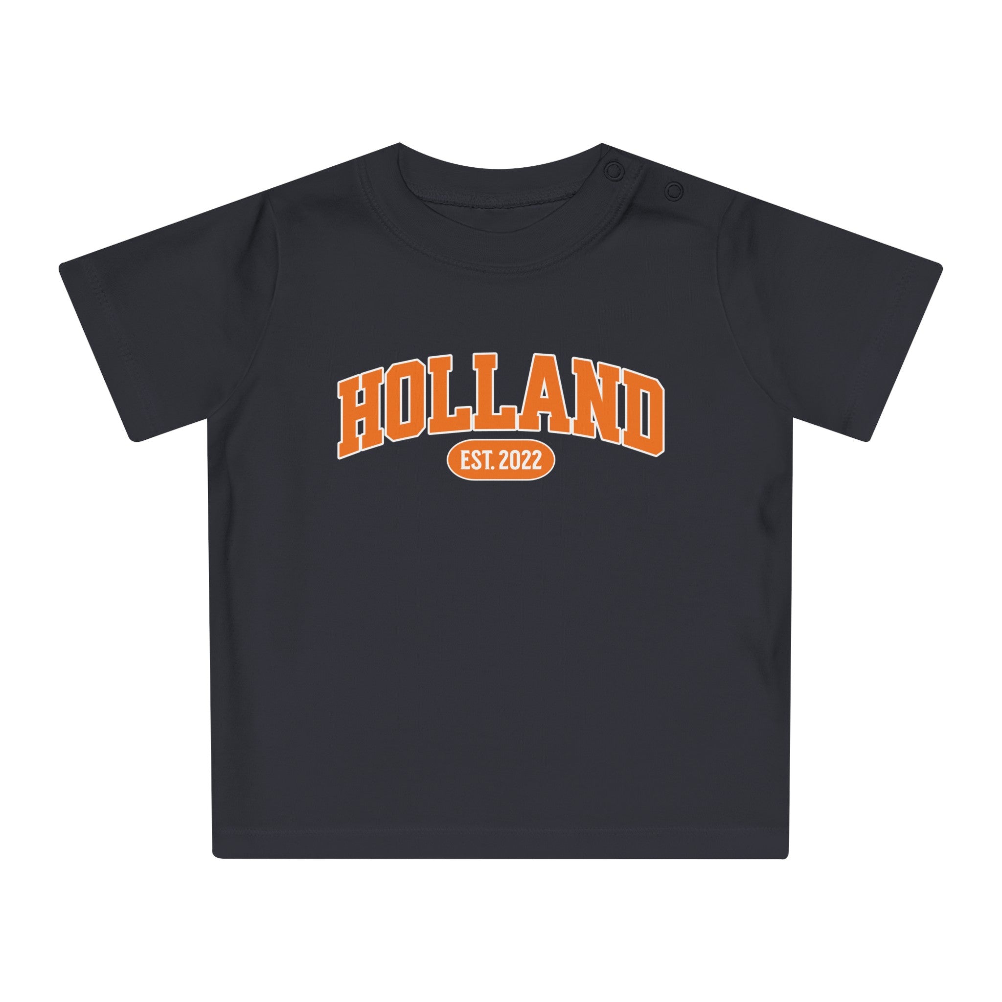 Baby T-shirt voor EK, WK en Koningsdag - Personaliseer met EST Jaar  - HOLLAND (Voorkant)