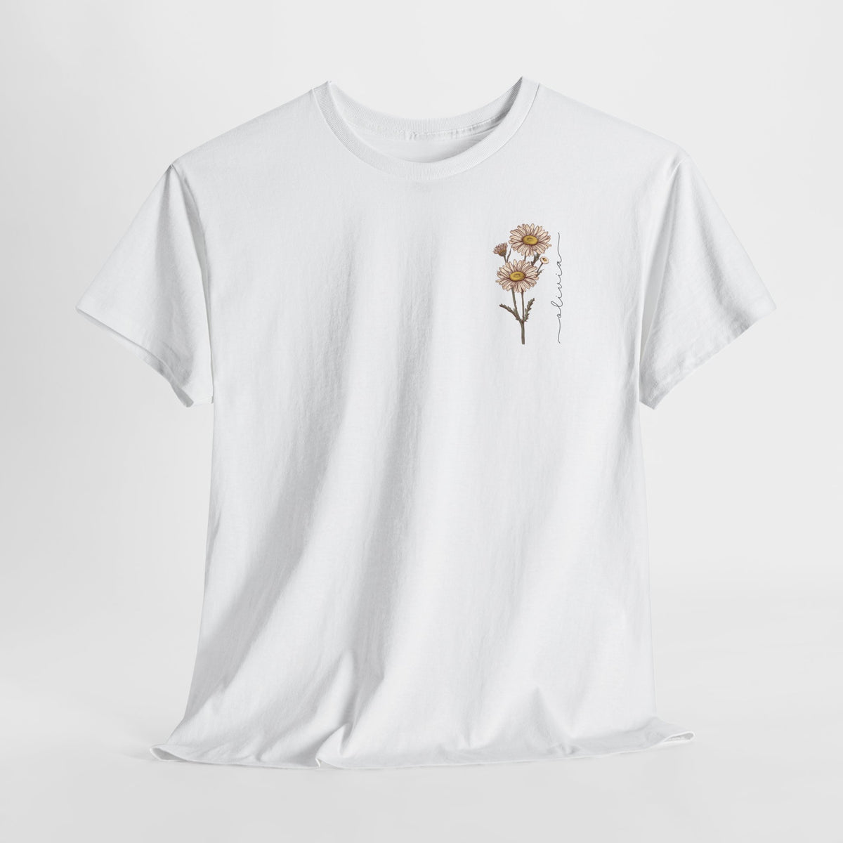 Wit T-shirt met kleine bloemenprint van geboortemaand op de borst