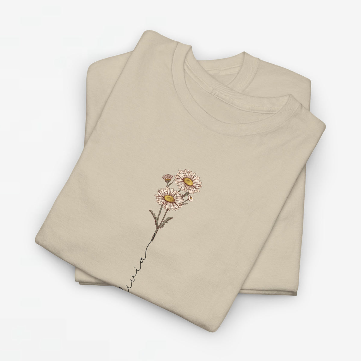 Zandkleurig T-shirt met geborduurde bloemprint op de borst, korte mouwen