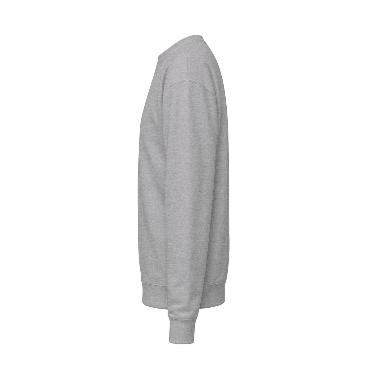 Sport grey varsity sweater, zijaanzicht met lange mouwen en geribde zoom