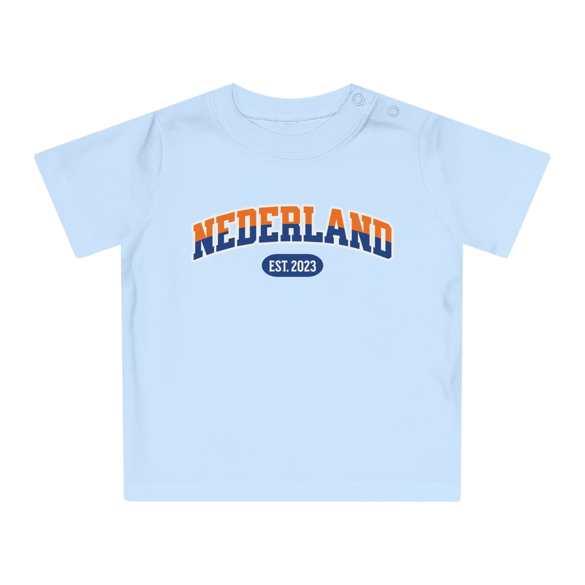 Baby T-shirt voor EK, WK en Koningsdag - Personaliseer met Naam, Jaar & Rugnummer - NEDERLAND (oranje en blauwe tekst)