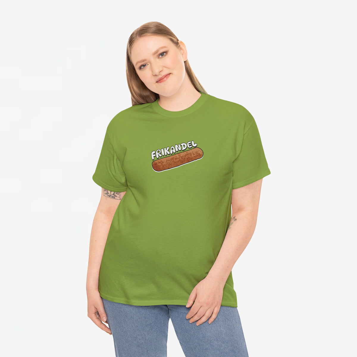 Groen oversized T-shirt met frontprint van frikandelworst en ronde hals.