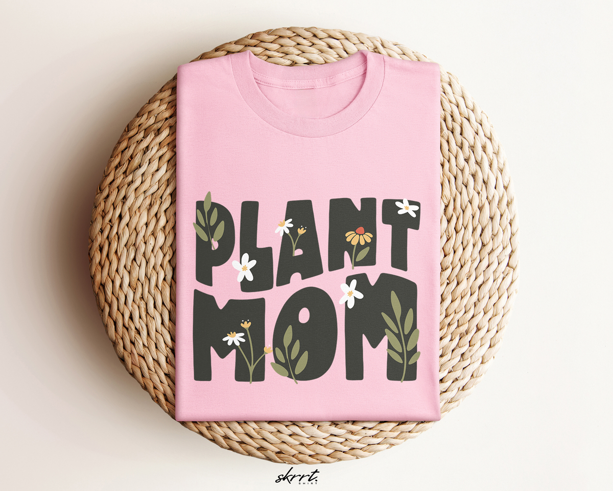 Roze oversized t-shirt met grote PLANT MOM-print en bladmotiefen