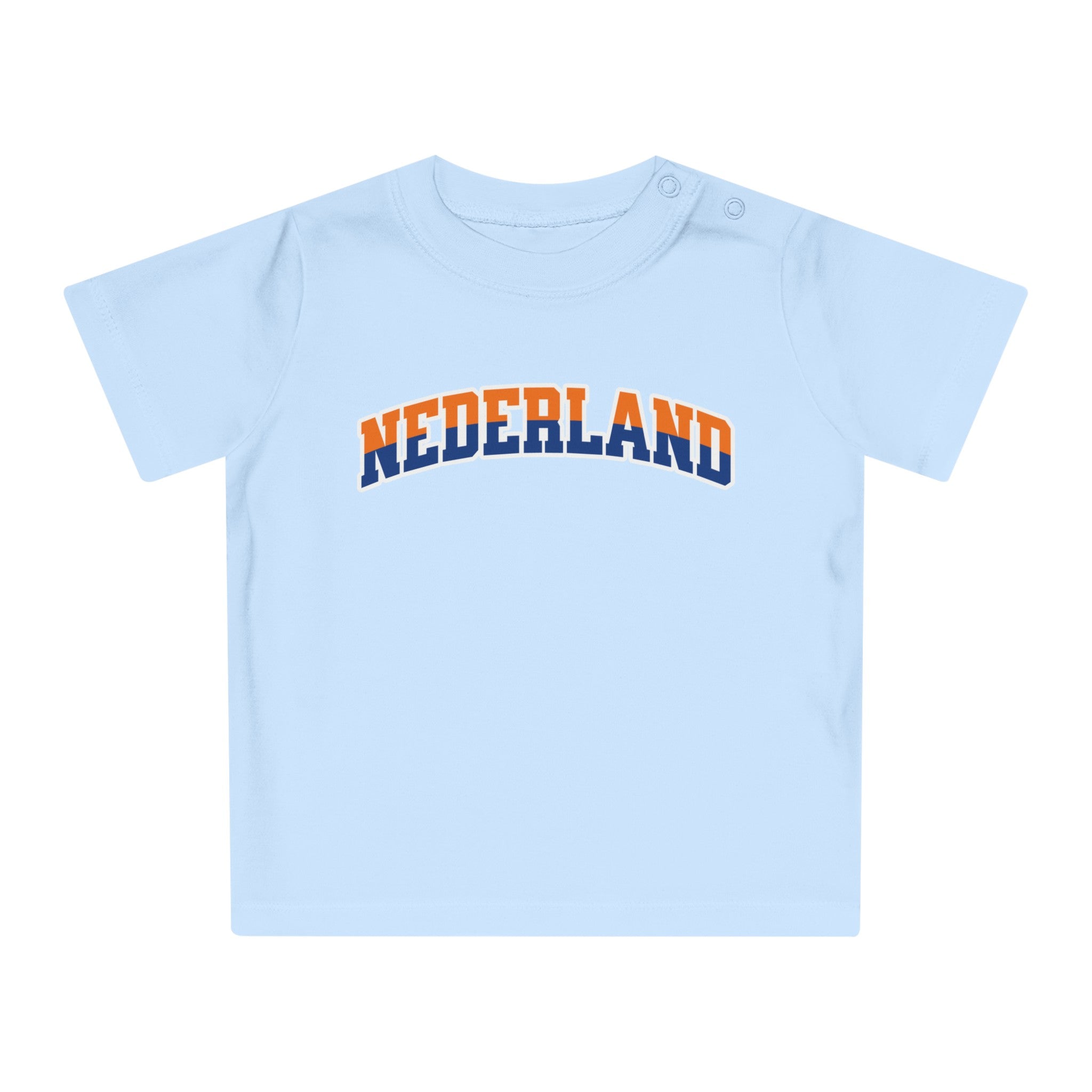 Baby T-shirt voor EK, WK en Koningsdag - NEDERLAND - oranje en blauwe tekst
