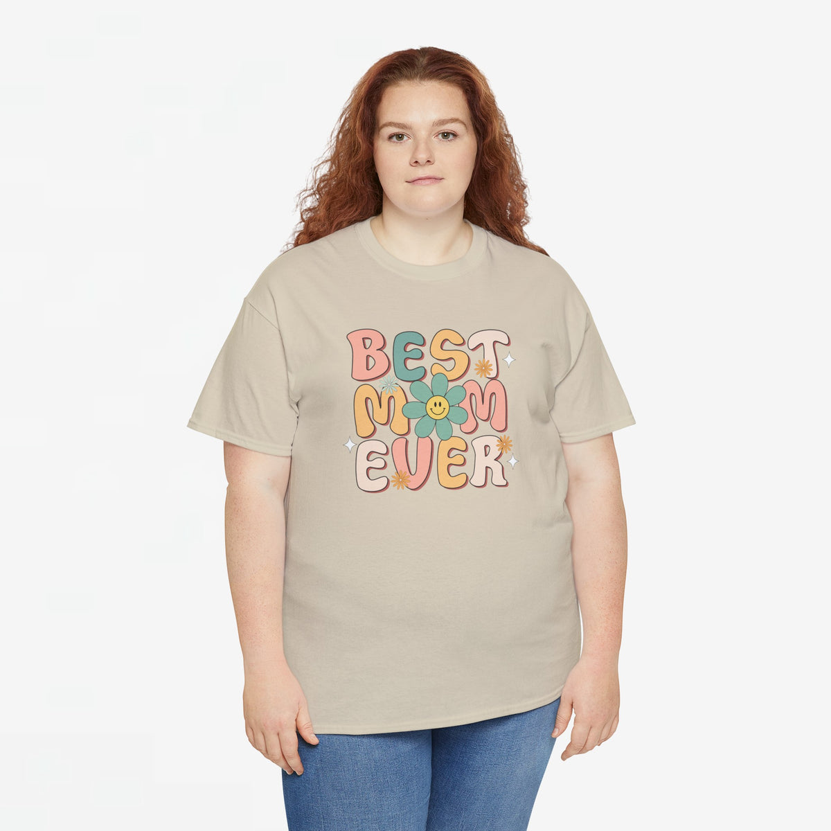 Beige t-shirt met ronde hals en 'BEST EVER' bloemen- en tekstprint, losvallend