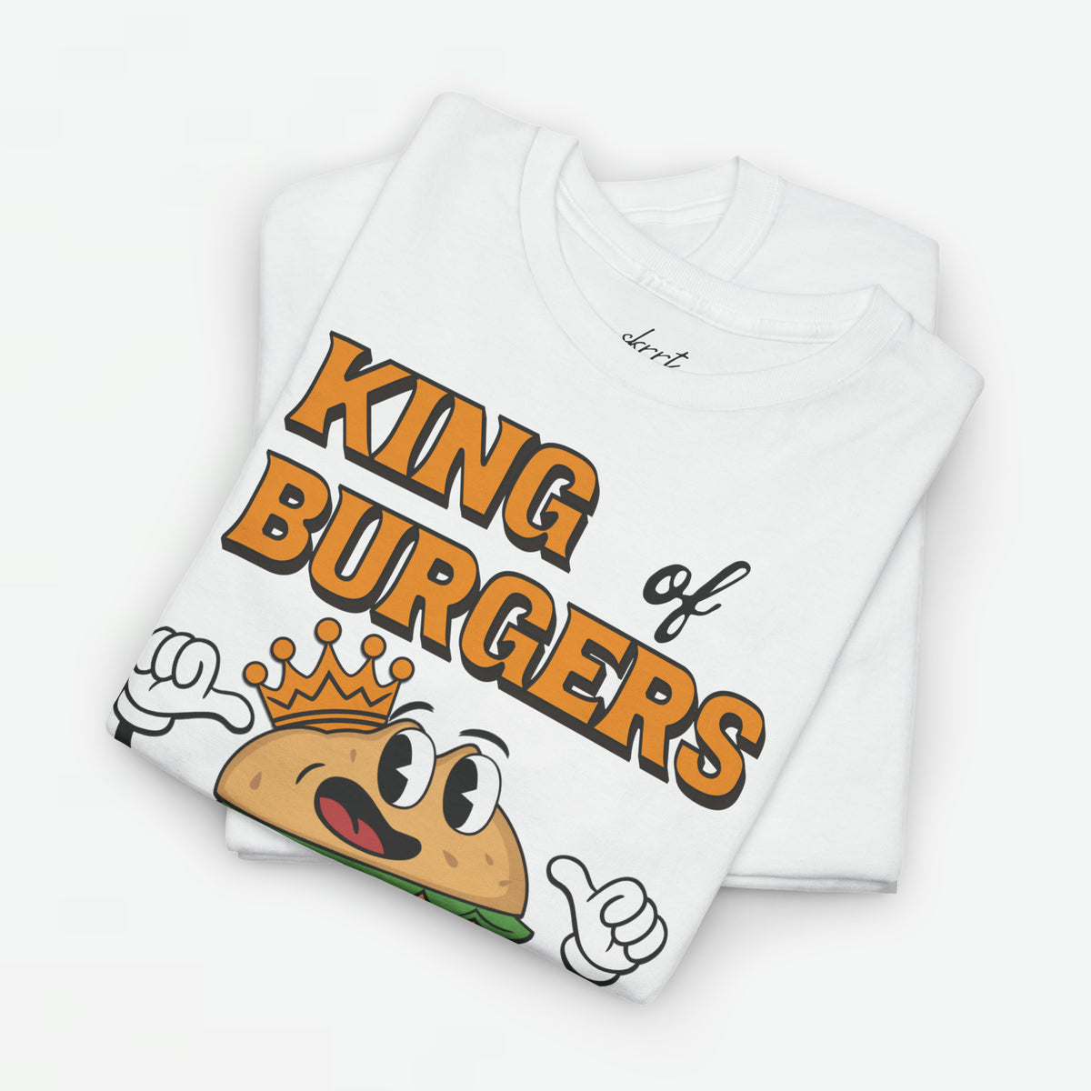Wit T-shirt met close-up frontprint van cartoon-burger met kroon