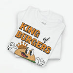 Wit T-shirt met close-up frontprint van cartoon-burger met kroon