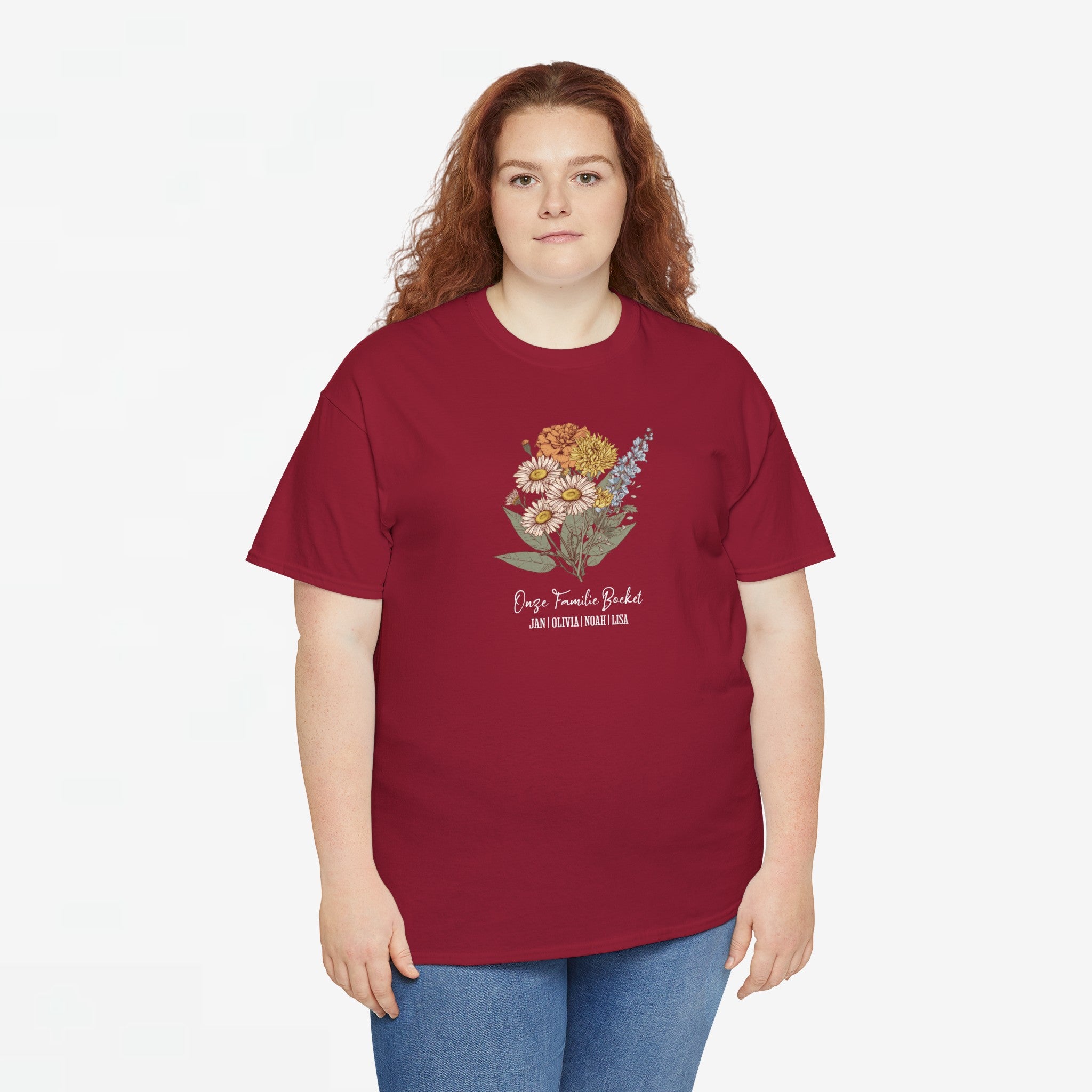 Gepersonaliseerde Moederdag Mama Cadeau - T-shirt - Ons familieboeket met namen en geboortemaand bloemen (witte tekst)