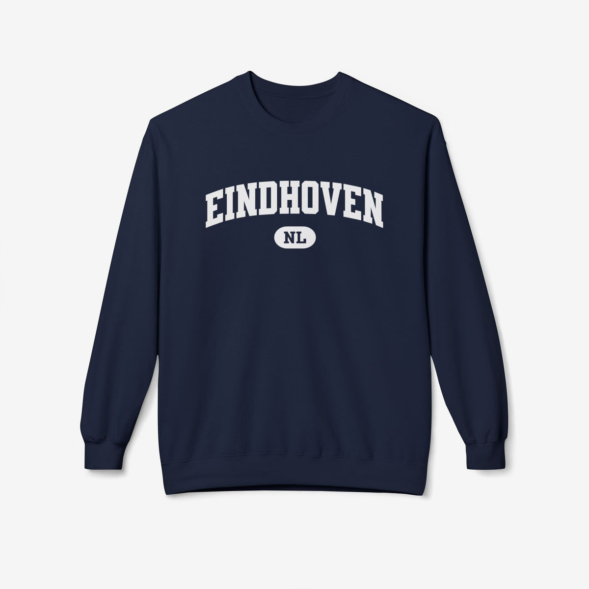 Navy varsity trui met ronde hals en borstprint "EINDHOVEN" met NL-badge