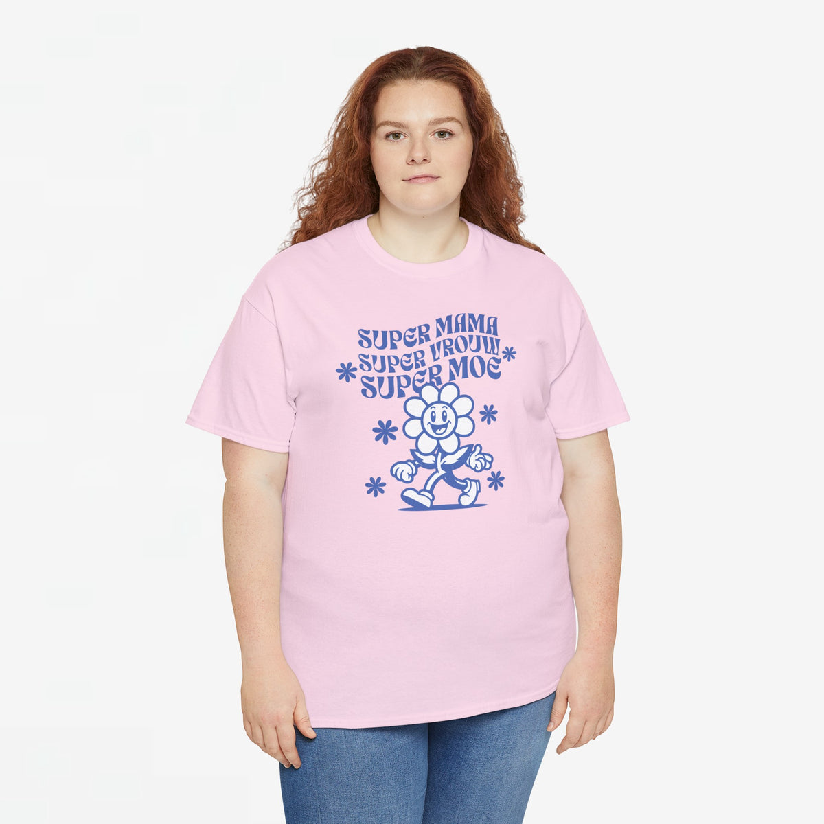 Roze oversized t-shirt met ronde hals en blauwe ‘Super Mama’ print