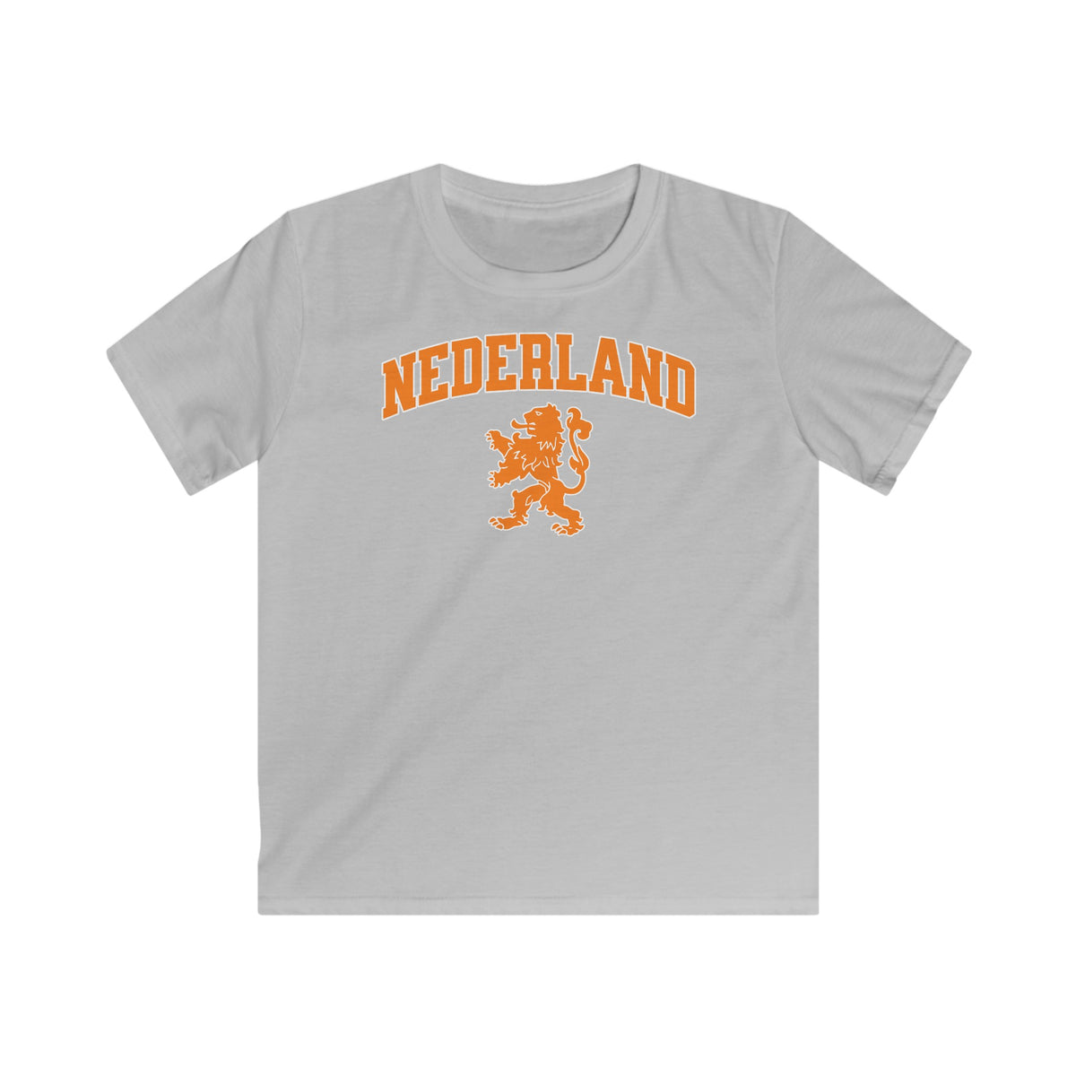 Lichtgrijze kinder voetbalshirt met NEDERLAND-logo en leeuwembleem op de borst.