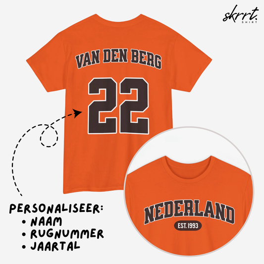 Oranje T-shirt voor EK, WK en Koningsdag - Personaliseer met Naam, Jaar & Rugnummer - NEDERLAND