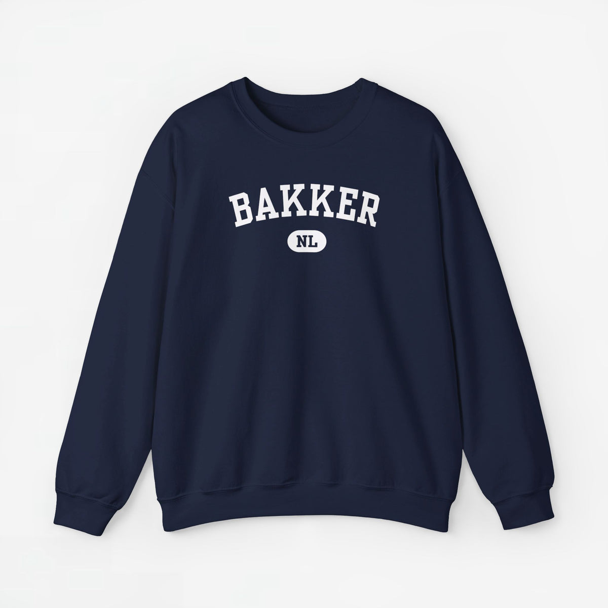 Marineblauwe sweater met ronde hals en BAKKER NL print op de borst