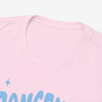 Roze T-shirt kraag met close-up stof en blauwe printgedeelte