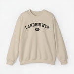 Beigekleurige sweater met ronde hals en zwarte/witte opdruk “LANDBOUWER” met NL-embleem