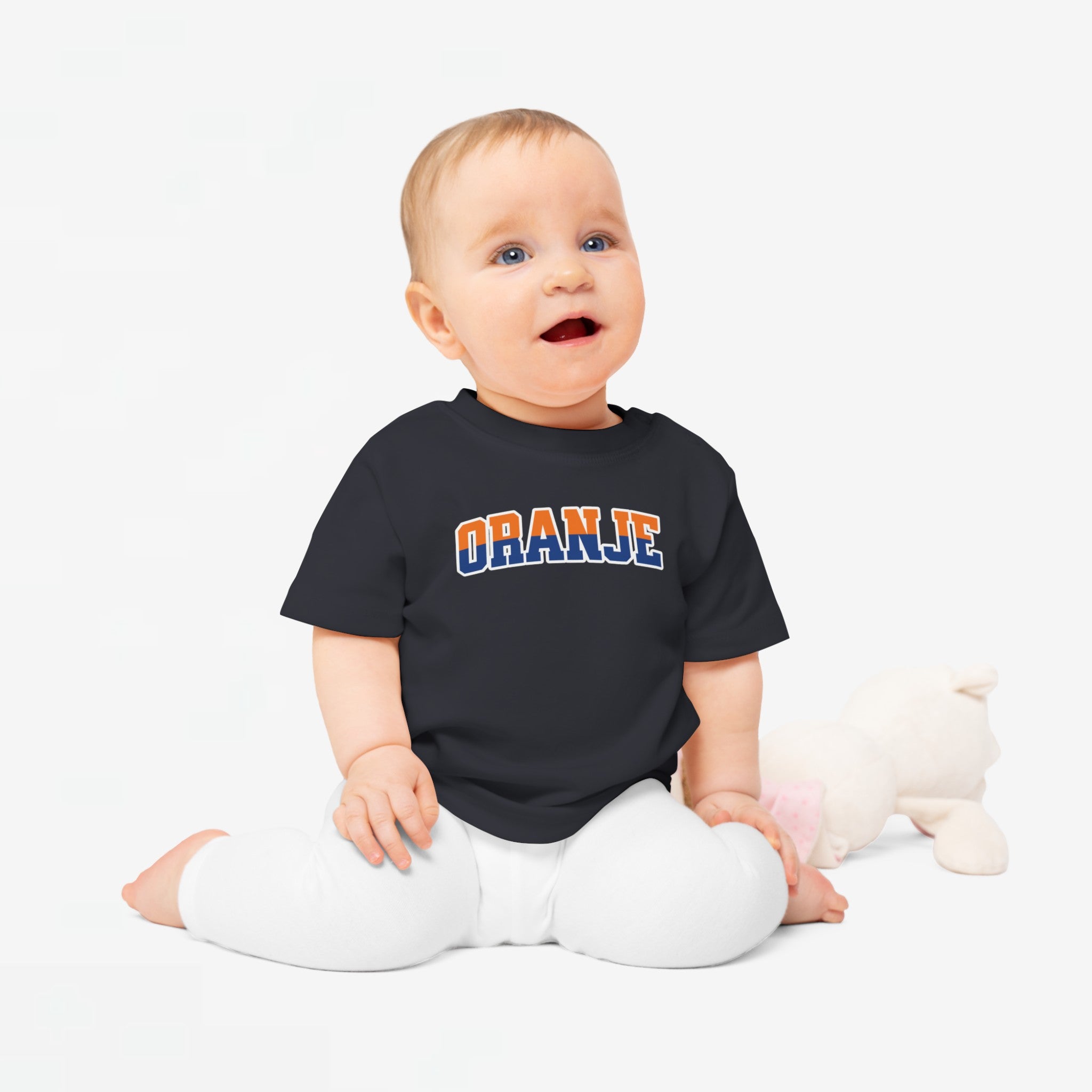 Baby T-shirt voor EK, WK en Koningsdag - ORANJE - oranje en blauwe tekst