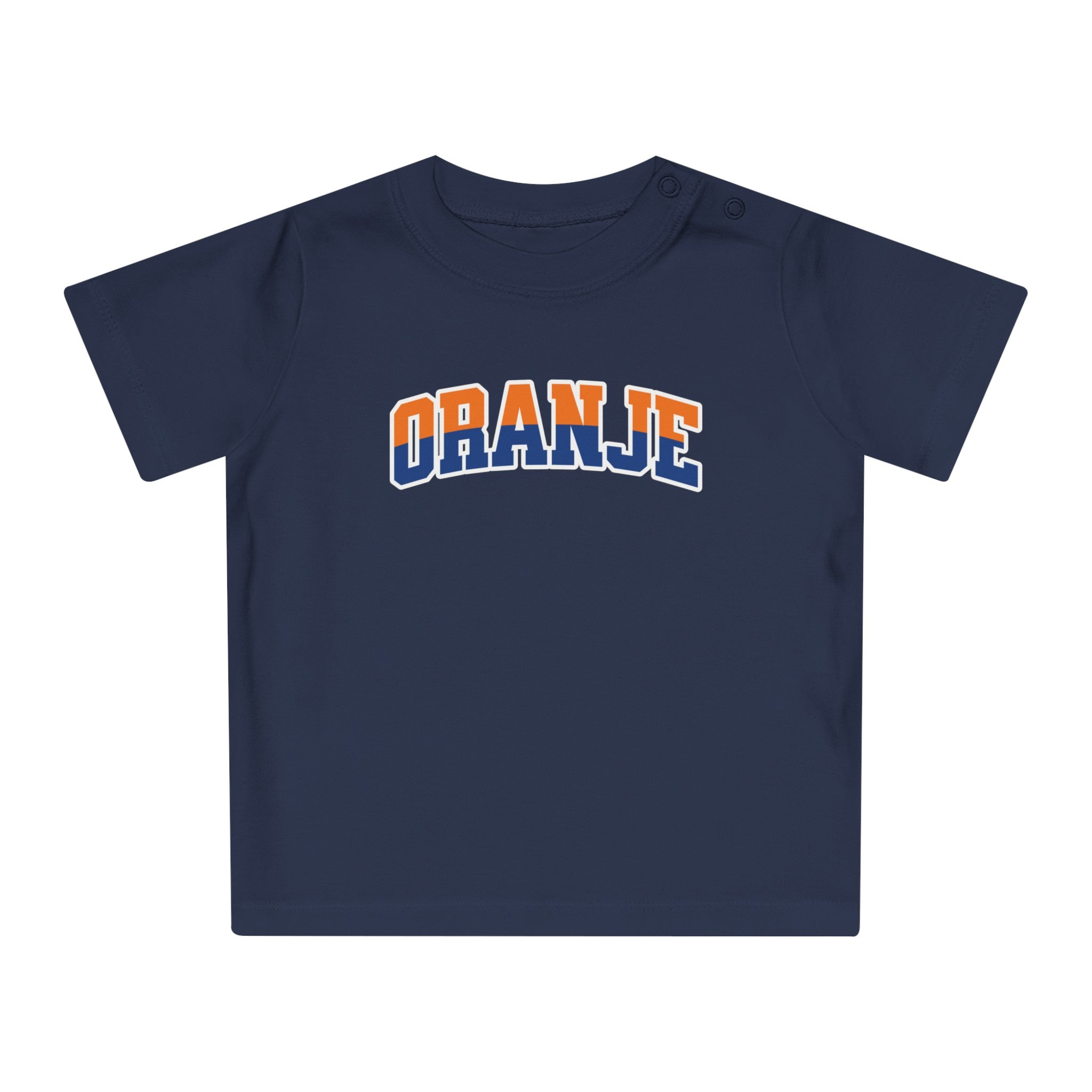 Baby T-shirt voor EK, WK en Koningsdag - ORANJE - oranje en blauwe tekst