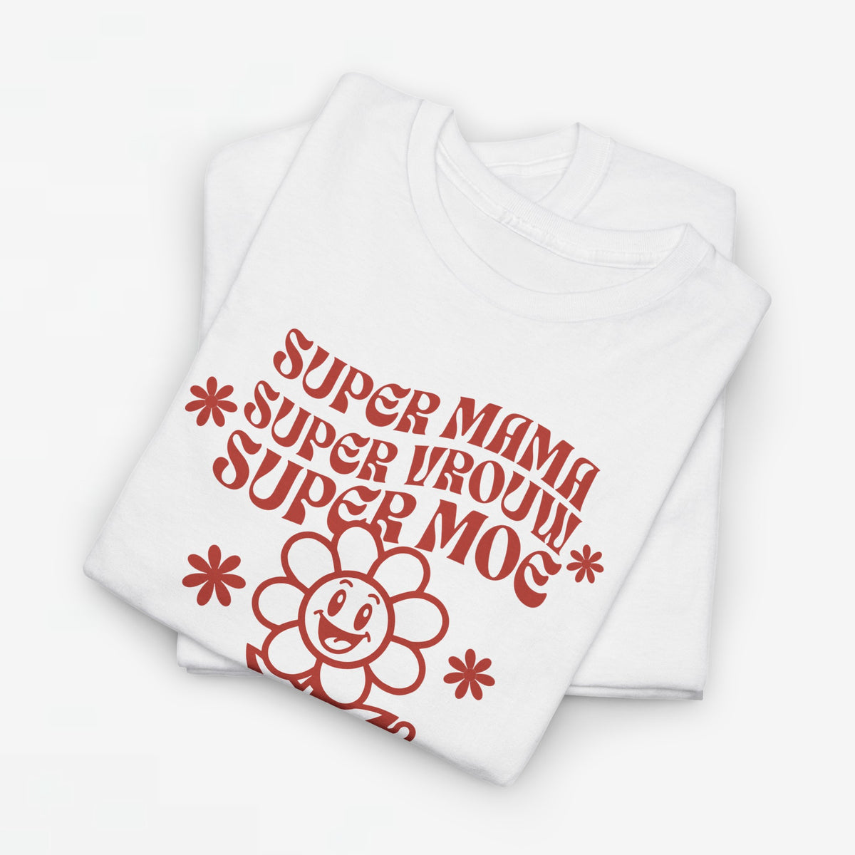 T-shirt oversized in wit met rode tekstprint en bloemen rond een lachend figuur
