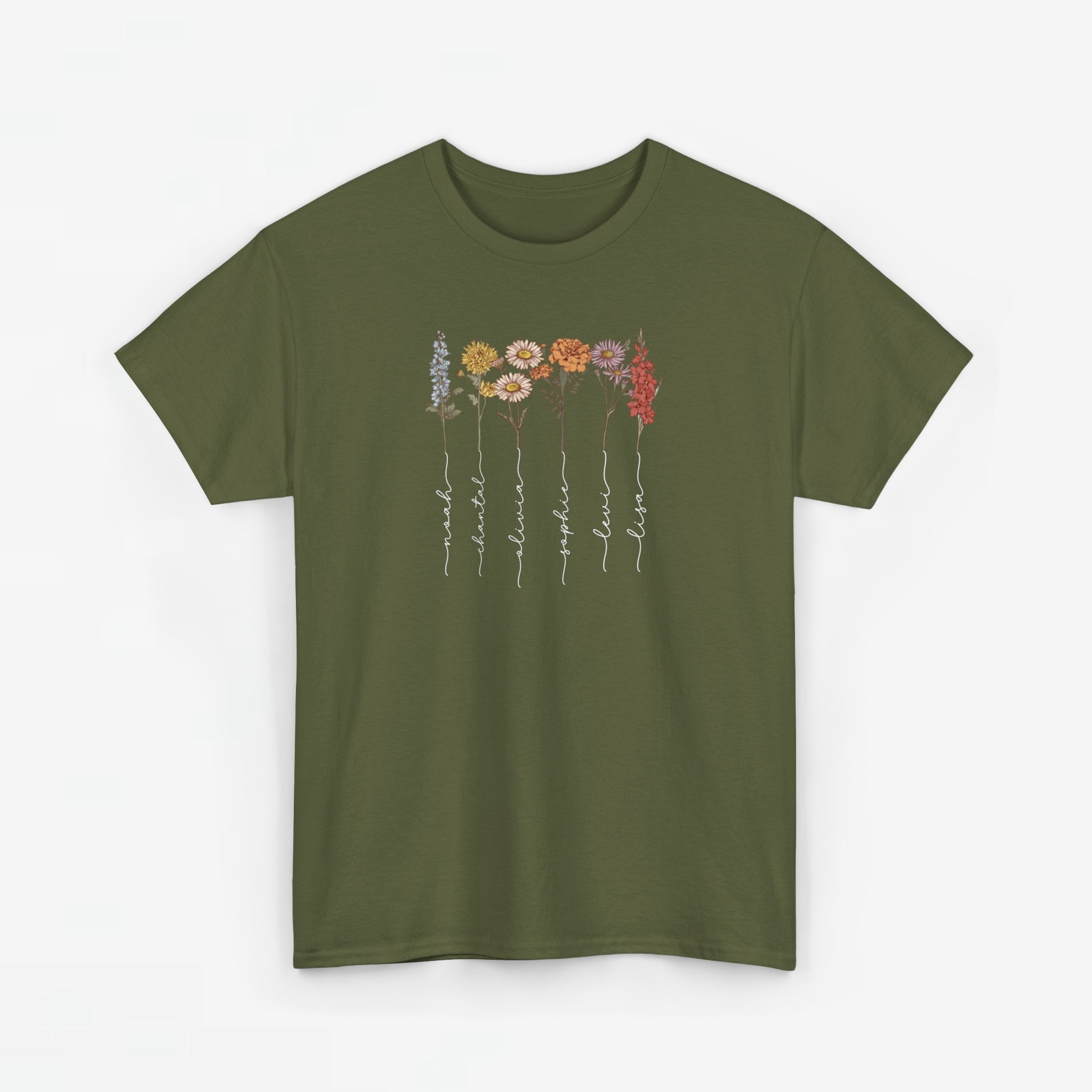 Gepersonaliseerde Moederdag Mama Cadeau - T-shirt - Geboortemaand bloemen met namen (witte tekst)
