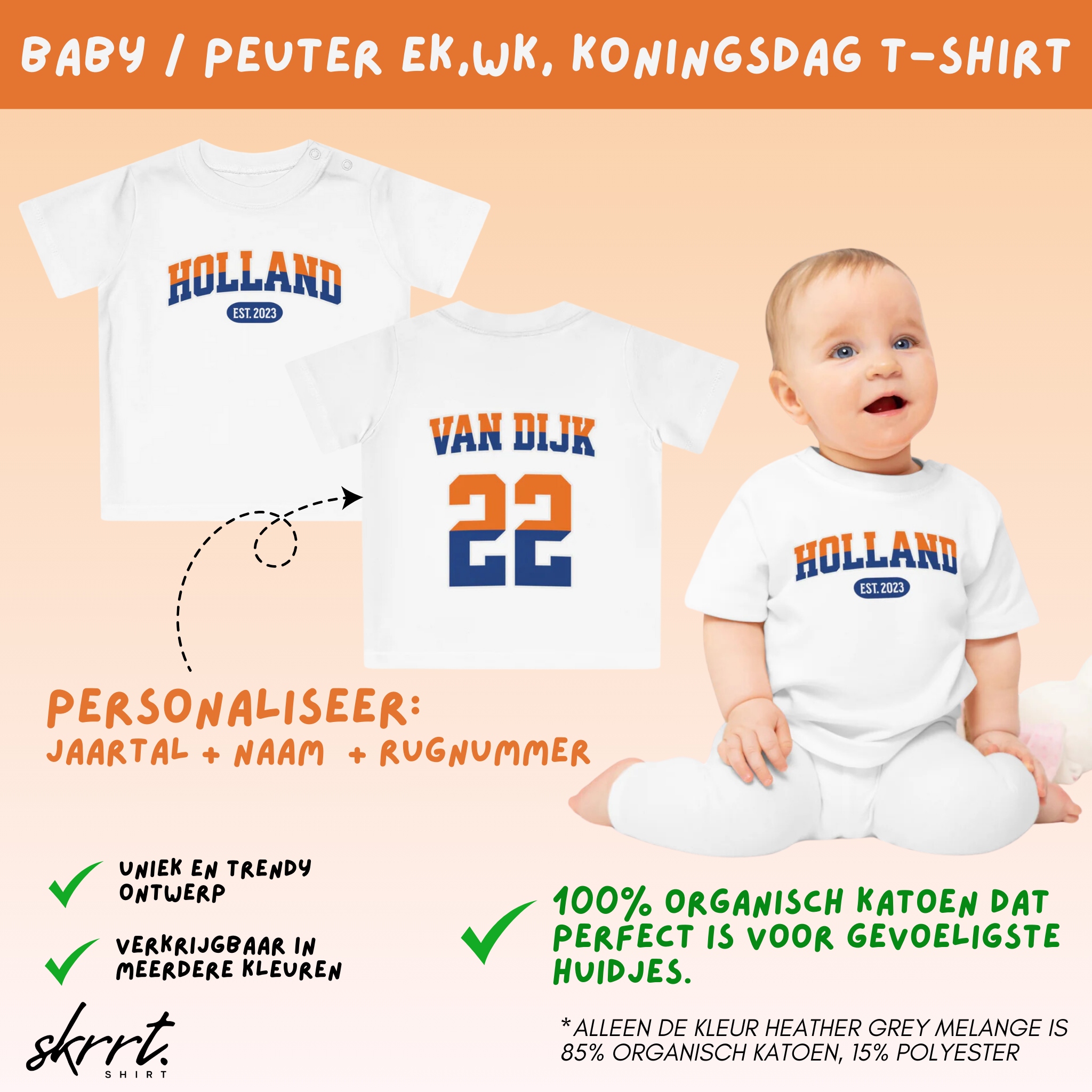 Baby T-shirt voor EK, WK en Koningsdag - Personaliseer met Naam, Jaar & Rugnummer - HOLLAND (oranje en blauwe tekst)