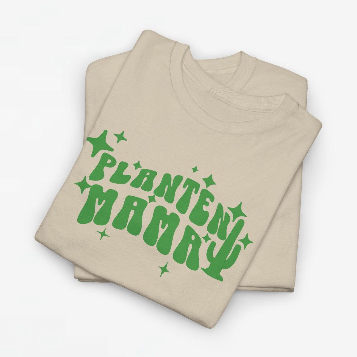 Oversized T-shirt zandkleurig met groene 'Planten Mammy' print op de borst