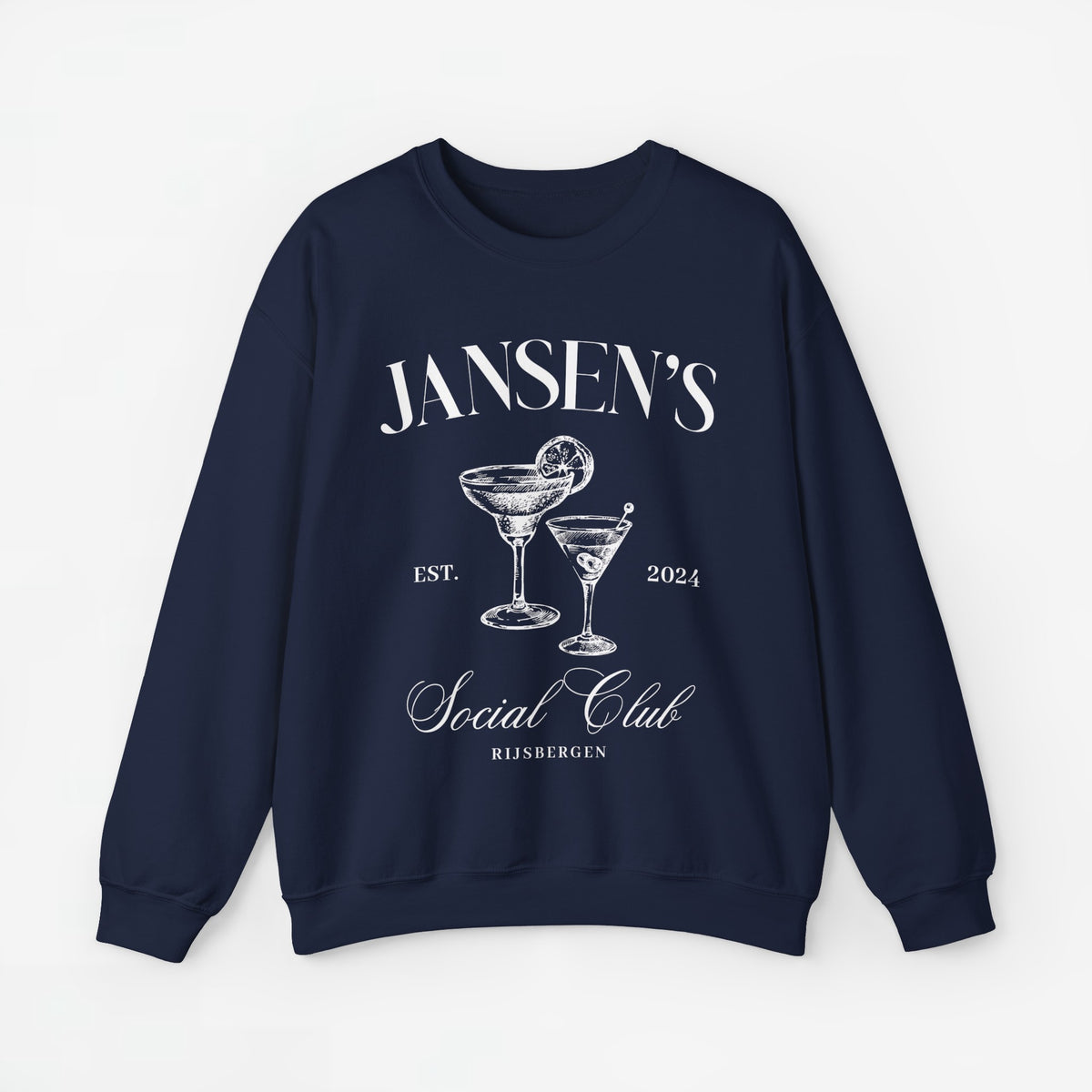 Navy sweatshirt met ronde hals en witte 'JANSEN'S Social Club'-opdruk.