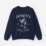 Navy sweatshirt met ronde hals en witte 'JANSEN'S Social Club'-opdruk.