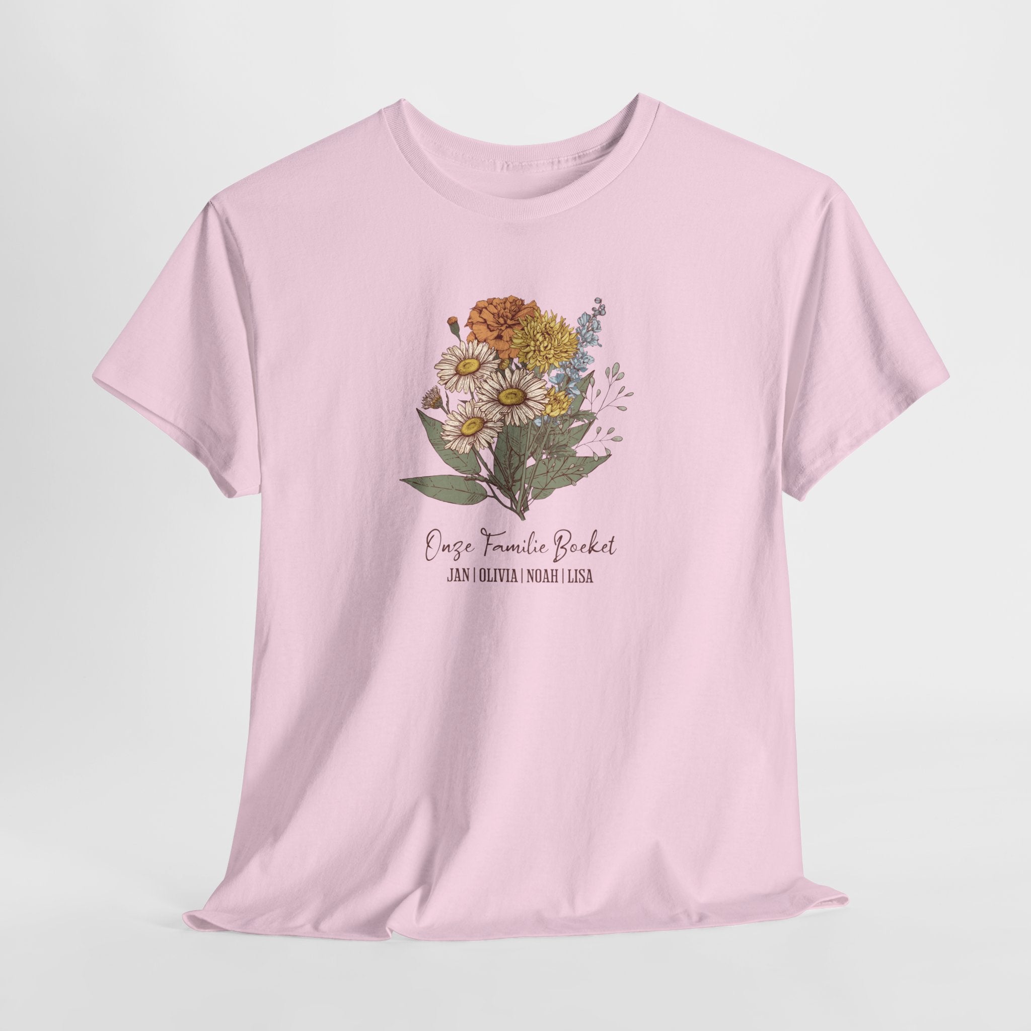 Gepersonaliseerde Moederdag Mama Cadeau - T-shirt - Ons familieboeket met namen en geboortemaand bloemen