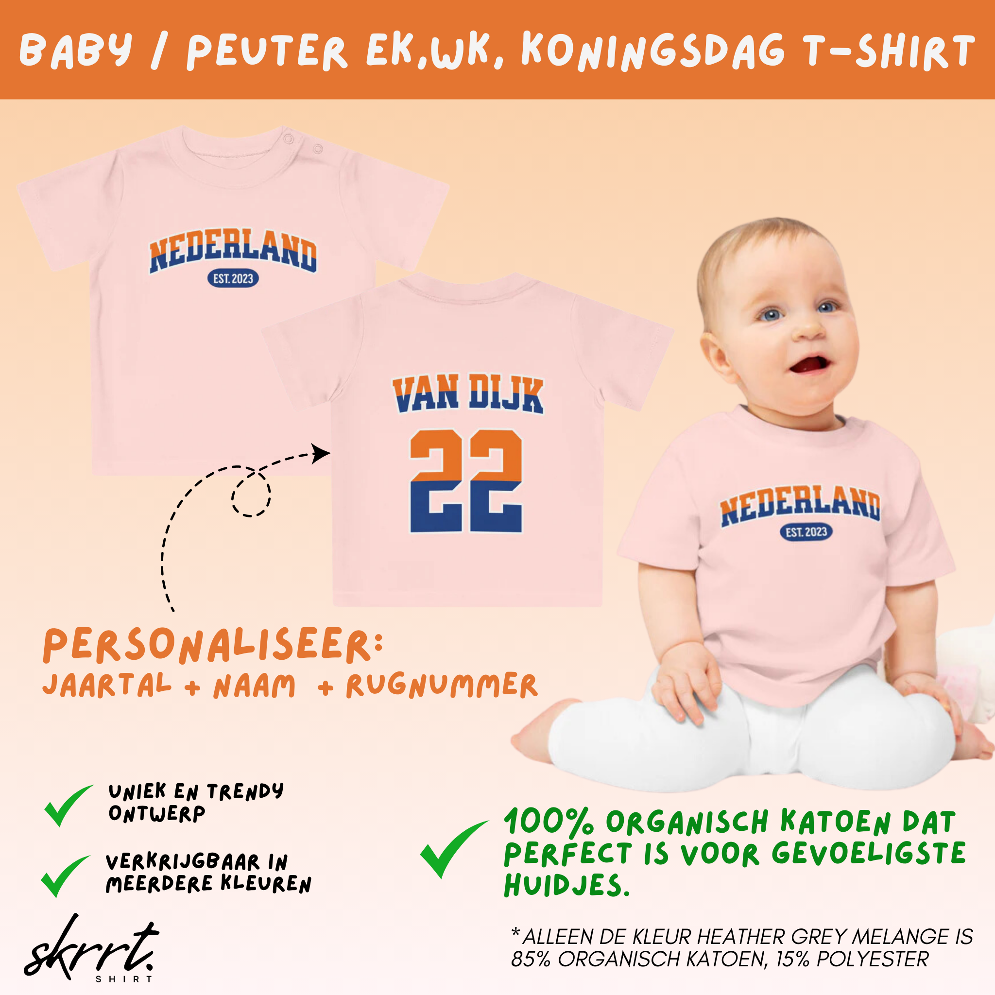 Baby T-shirt voor EK, WK en Koningsdag - Personaliseer met Naam, Jaar & Rugnummer - NEDERLAND (oranje en blauwe tekst)