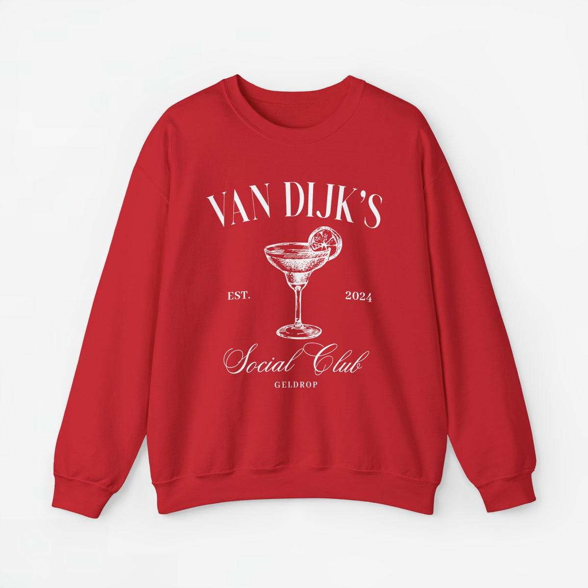 Rode sweatshirt met ronde hals en opdruk van cocktailglas met tekst