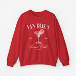 Rode sweatshirt met ronde hals en opdruk van cocktailglas met tekst