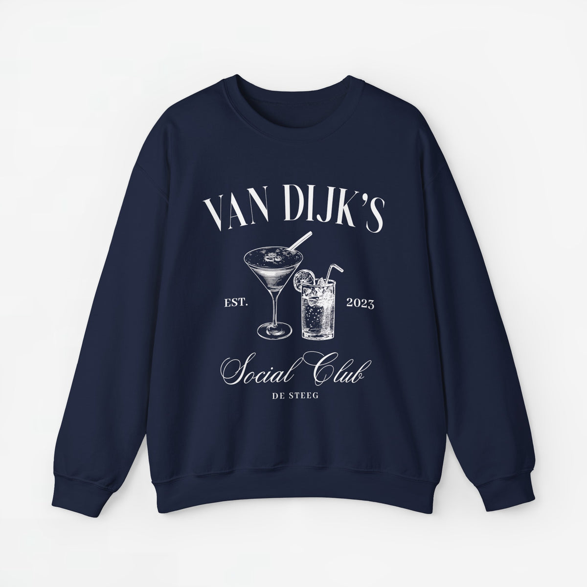 Donkerblauwe sweatshirt met opdruk “Van Dijk's”, martini- en glasafbeeldingen, jaartal 2023