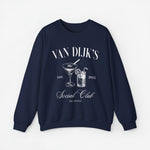 Donkerblauwe sweatshirt met opdruk “Van Dijk's”, martini- en glasafbeeldingen, jaartal 2023