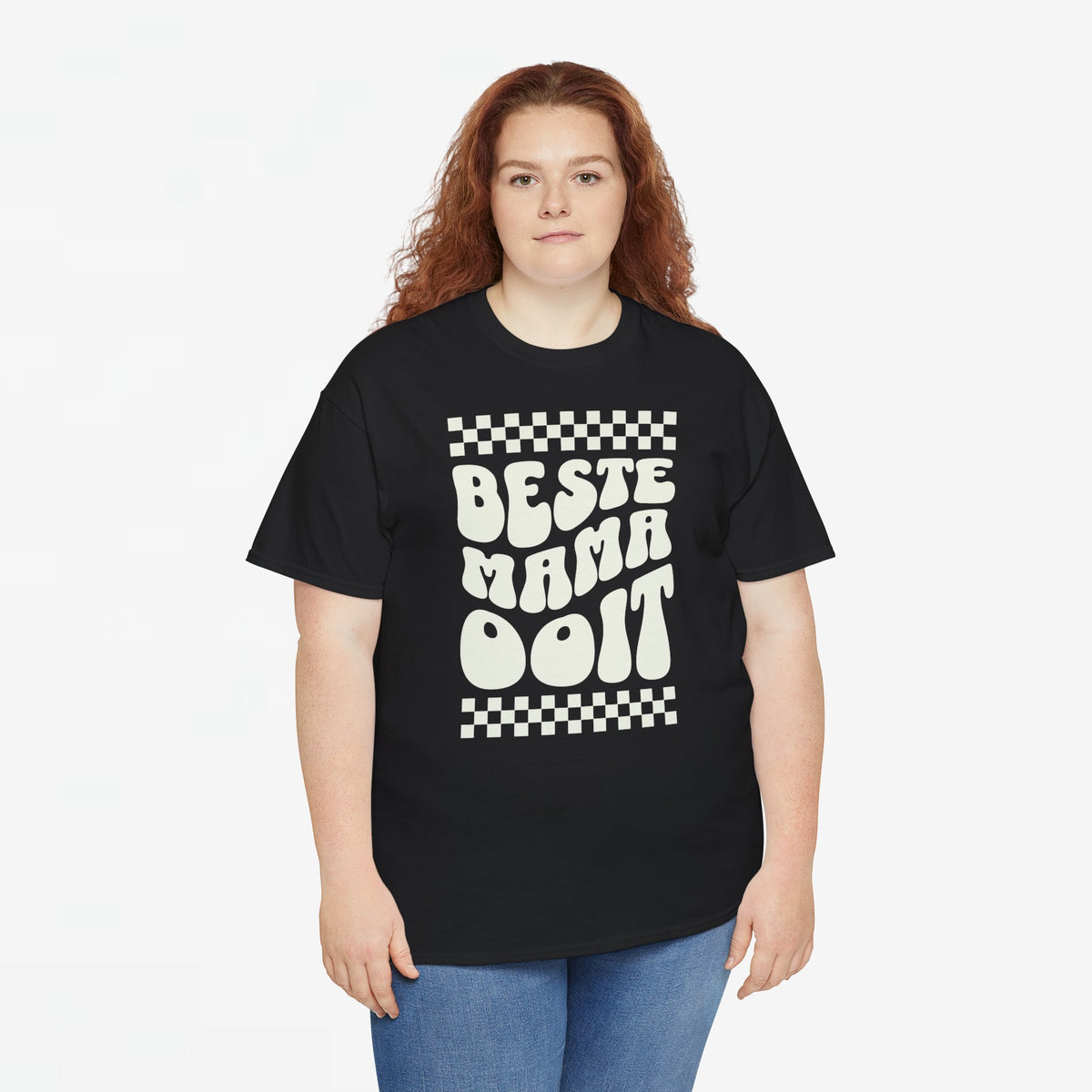 Zwarte oversized t-shirt met ronde hals en grote witte 'Beste mama ooit' print