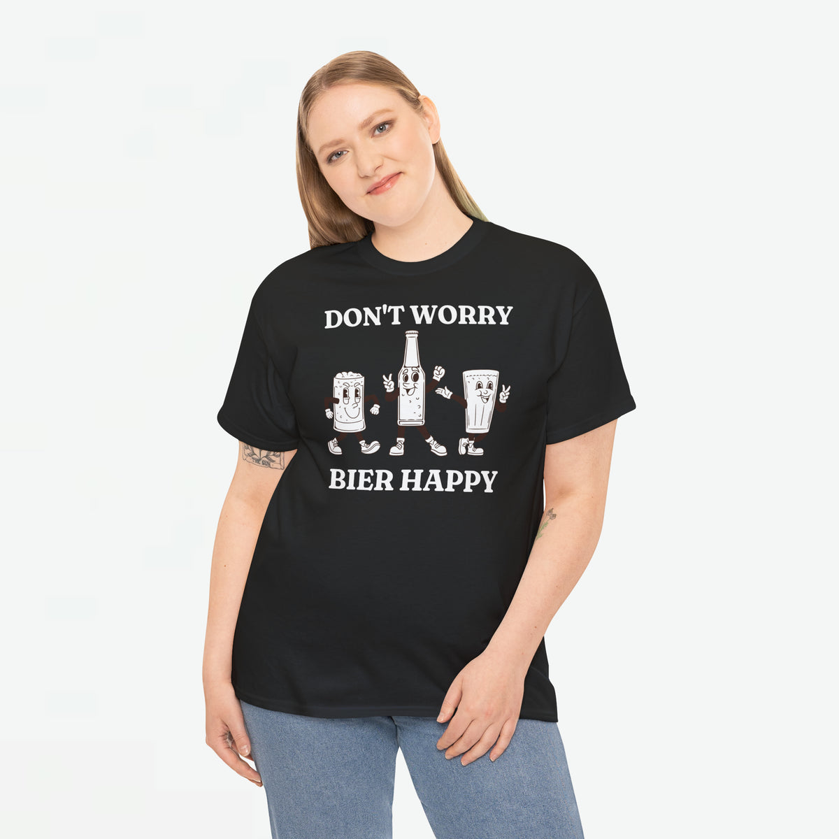 Zwarte oversized t-shirt met voorprint 'DON'T WORRY' en 'BIER HAPPY' biericons