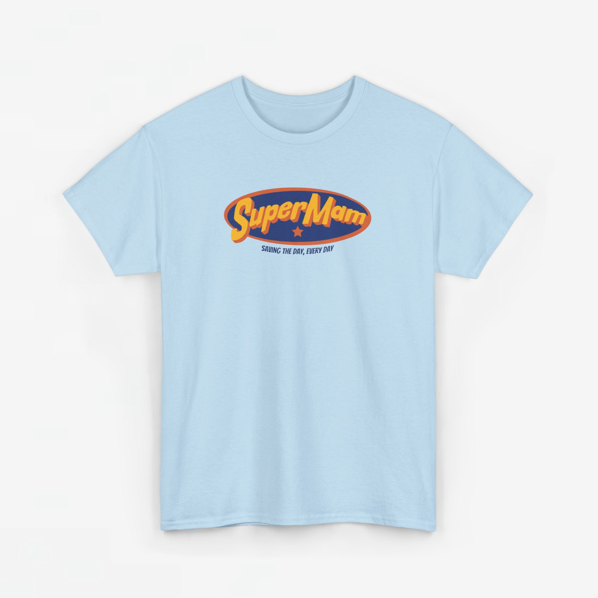 Lichtblauw T-shirt met ovale SuperMam-opdruk op de borst