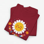 Bordeauxrode oversized T-shirt met zonillustratie en kleurrijke bloemen-letters