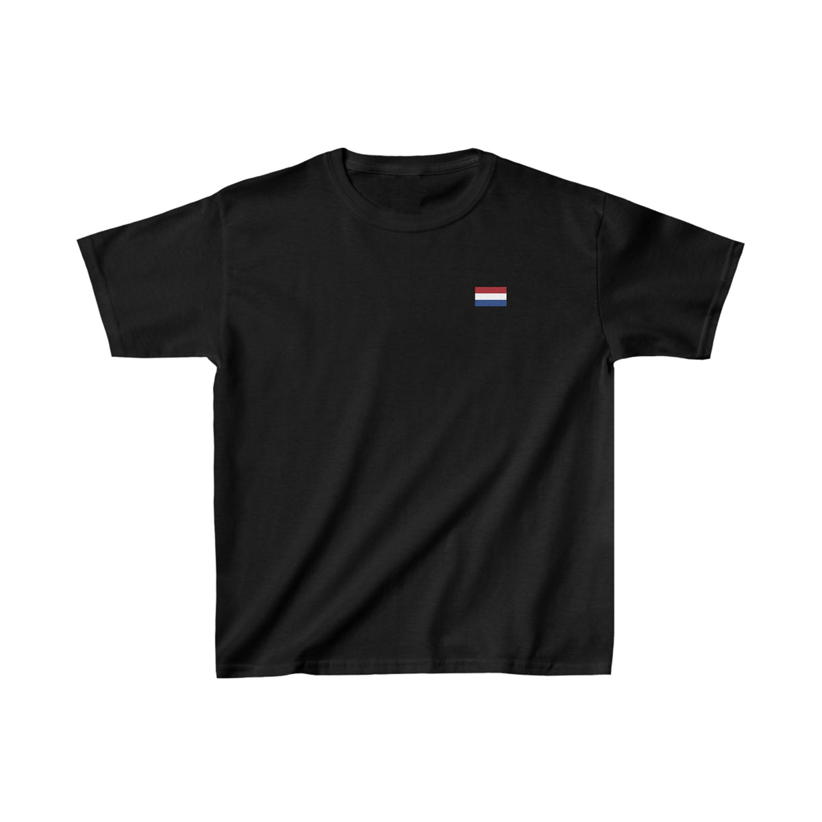 Zwart kinder T-shirt met kleine Nederlandse vlag op de borst