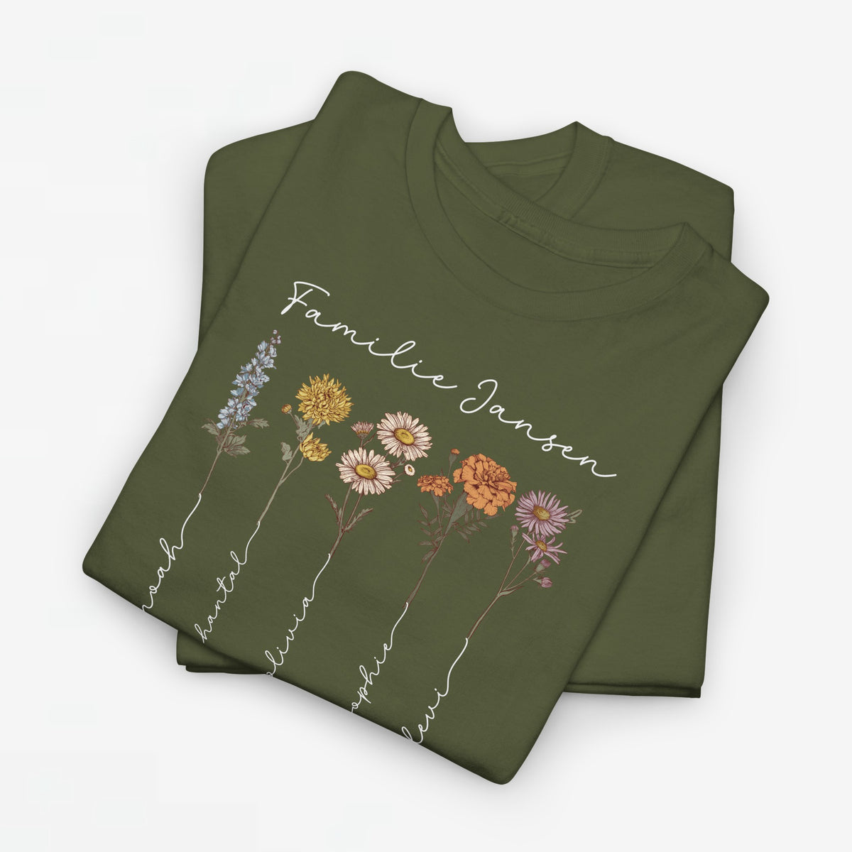 T-shirt in legergroen met bloemenprint en sierlijke namen op de voorkant