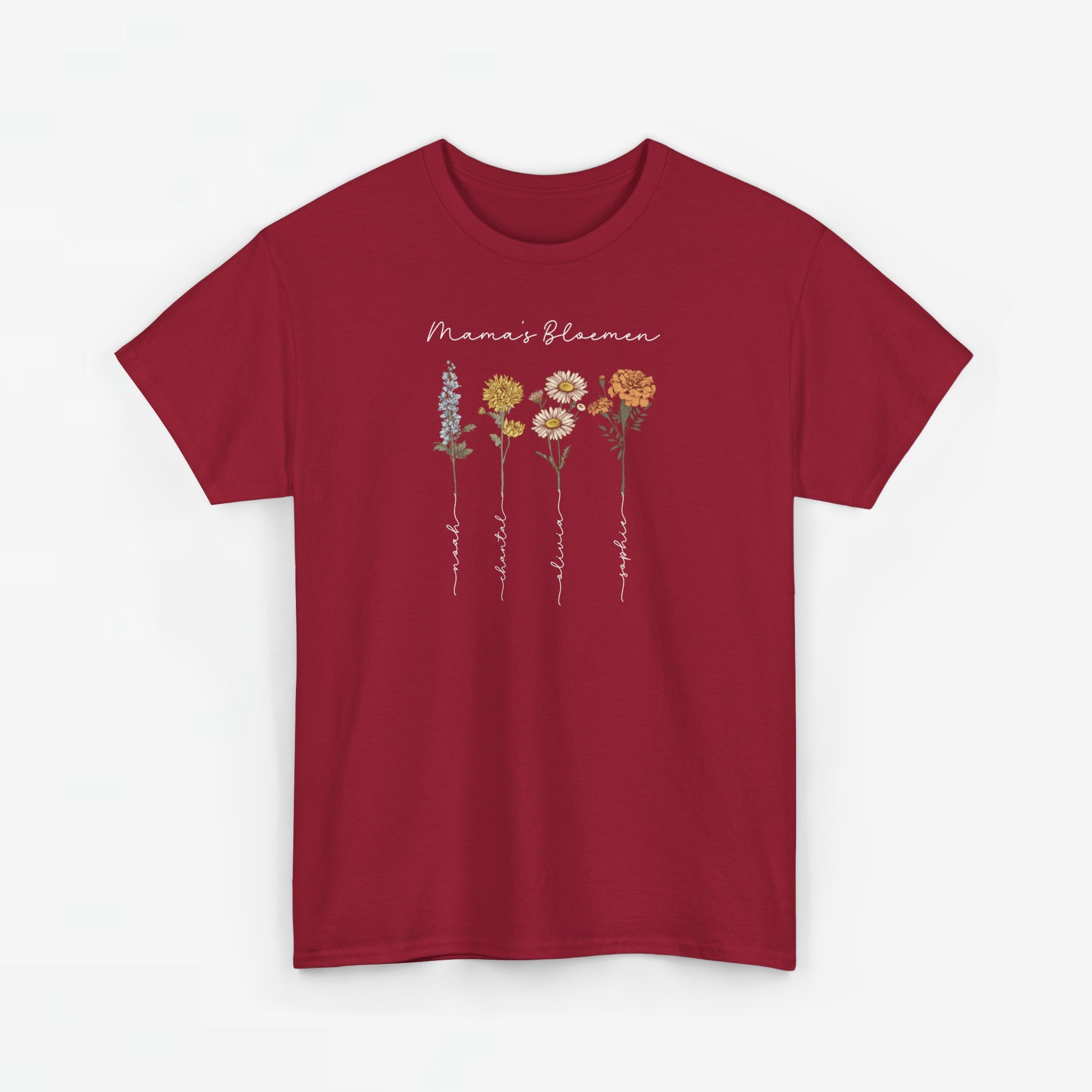 Gepersonaliseerde Moederdag Mama Cadeau - T-shirt - Mama's Bloemen met namen en geboortemaand bloemen (witte tekst)