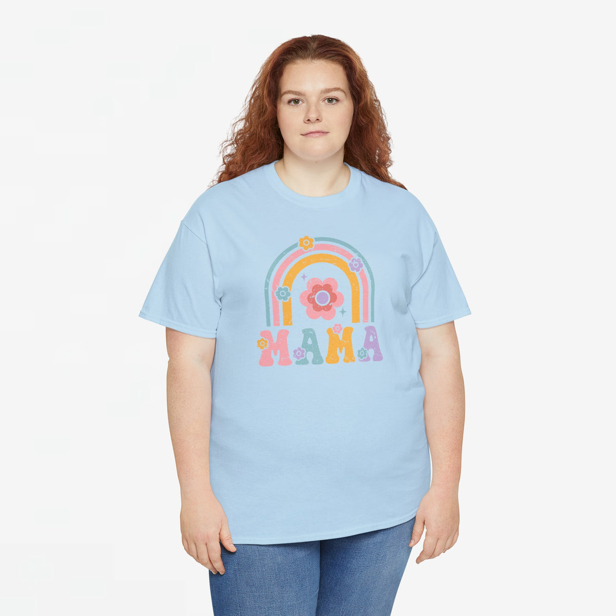 Lichtblauw oversize T-shirt met regenboog- en bloemprint en 'MAMA' onderaan