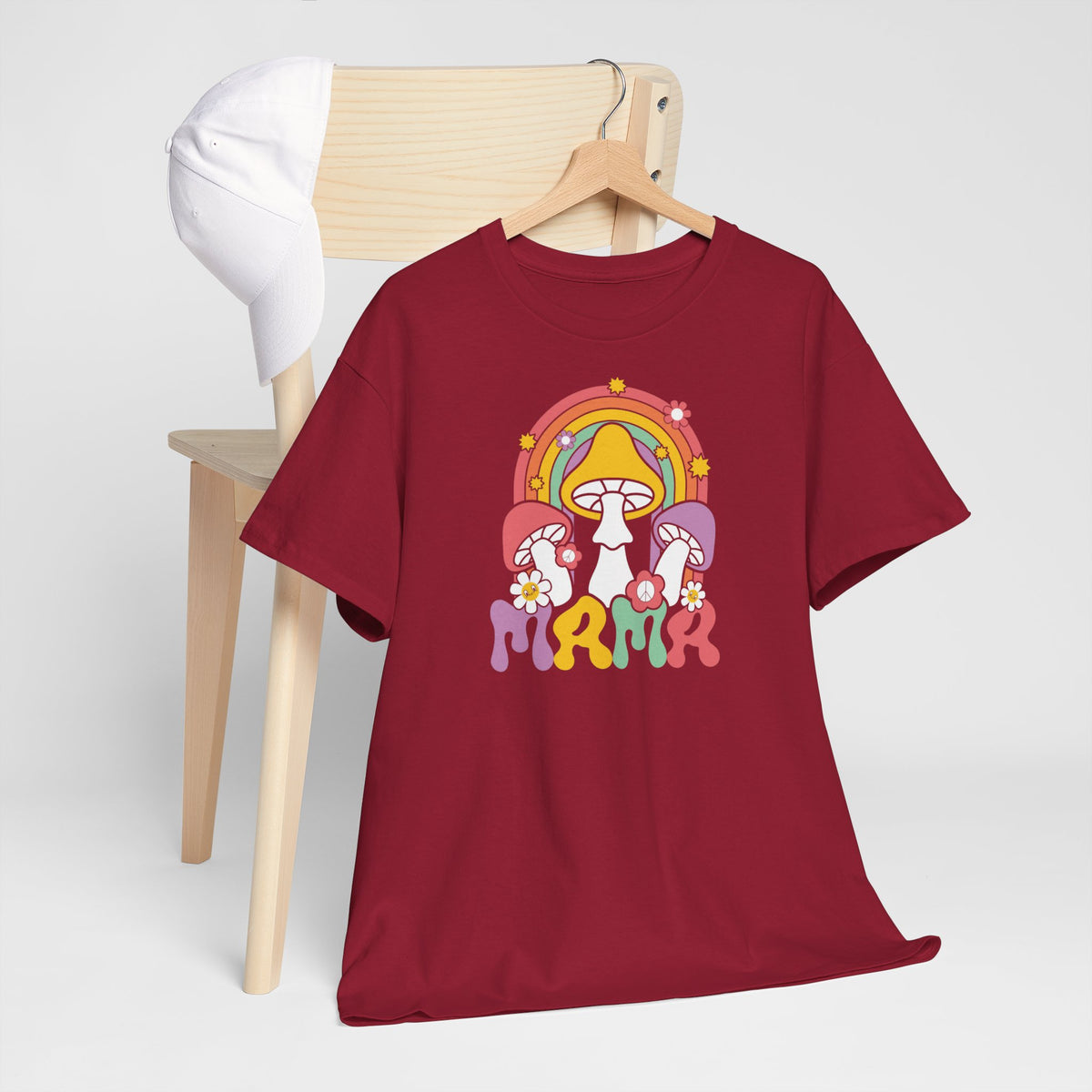 Oversized T-shirt bordeaux met paddenstoelen- en regenboogprint