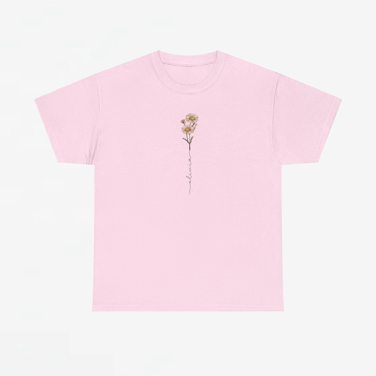 Roze T-shirt met kleine bloem- en slingerprint op de borst